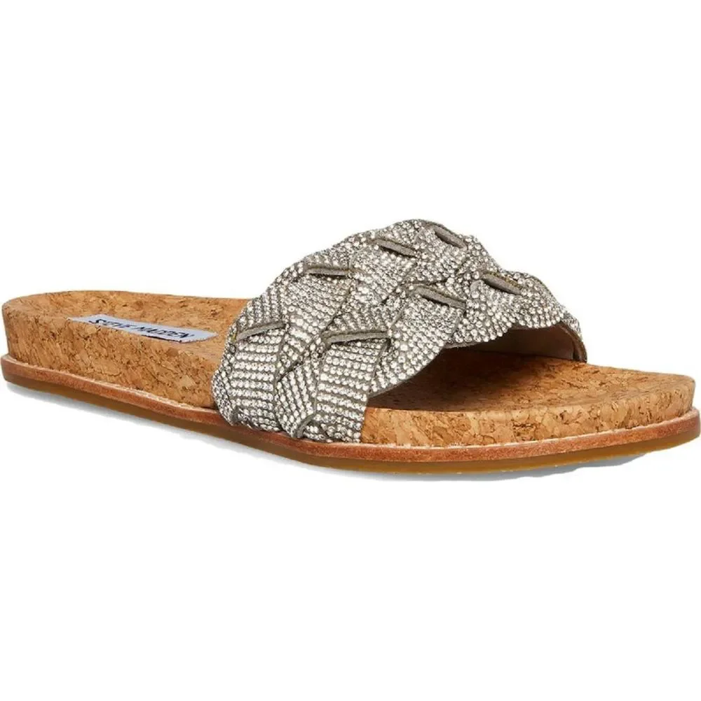 Steve Madden Womens DeryaR Silver Rhinestone Cork Footbed Sandals Shoes NWT